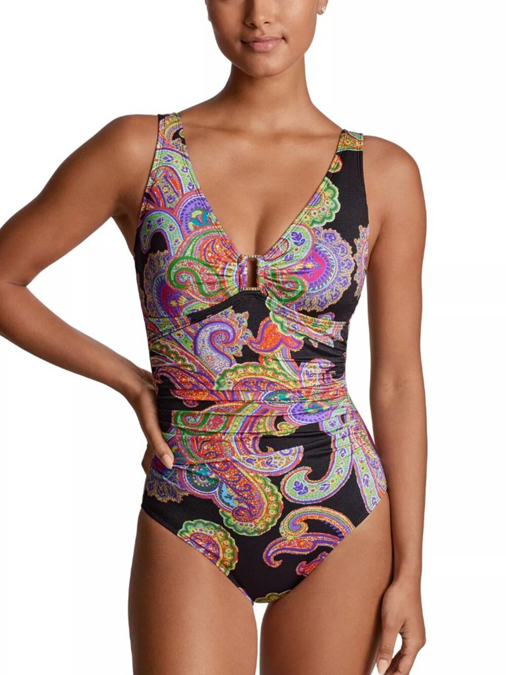 NWT Lauren Ralph Lauren Women's Paisley-Print Ruched One-Piece Swimsuit